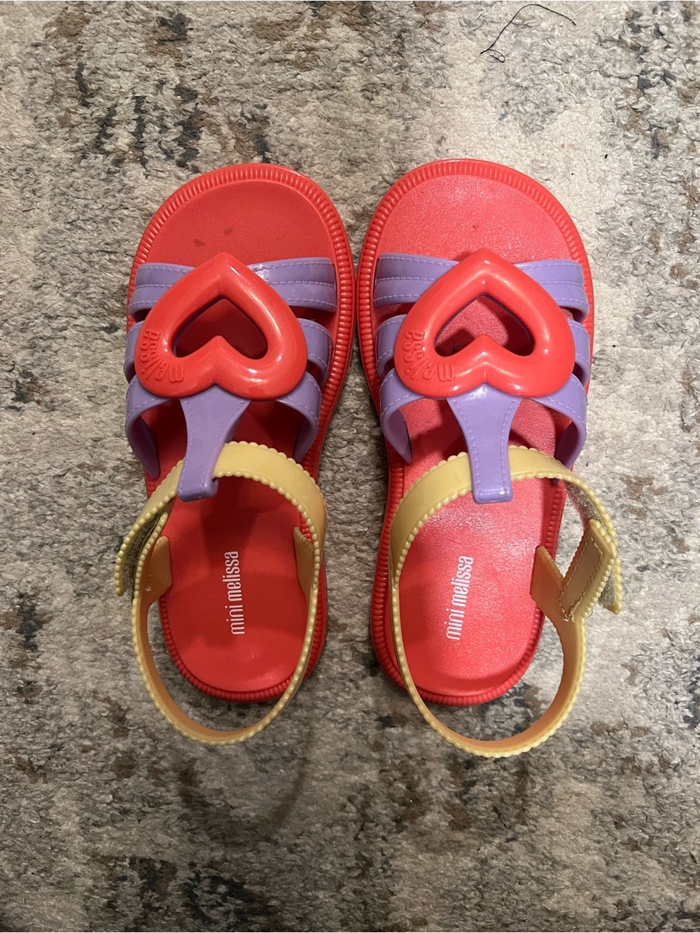 Mini Melissa Red Sandals with Purple Accents and Yellow Straps; size girls 1
